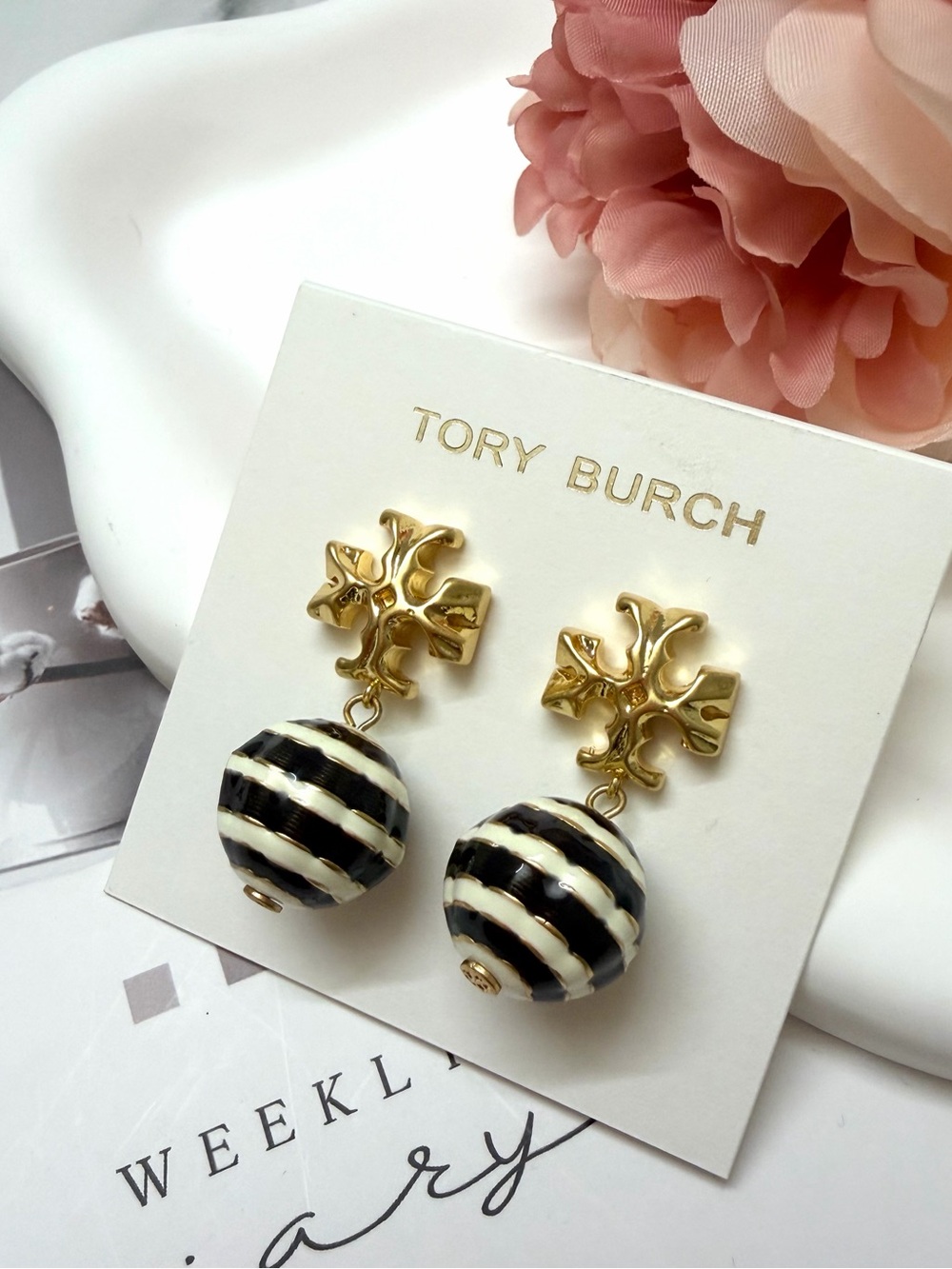 Tory Burch Gold Logo Drop Earrings with Black and White Striped Spheres